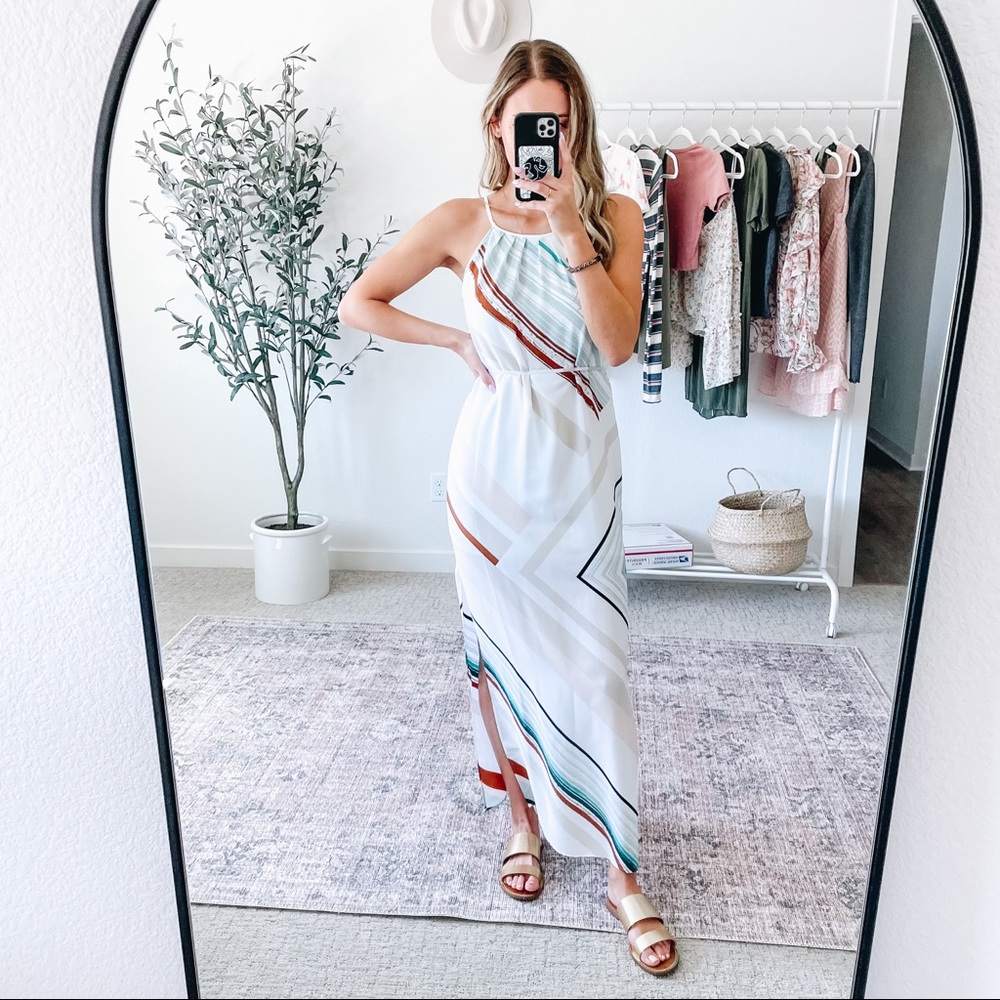 White House Black Market White Geometric Stripe Maxi Dress